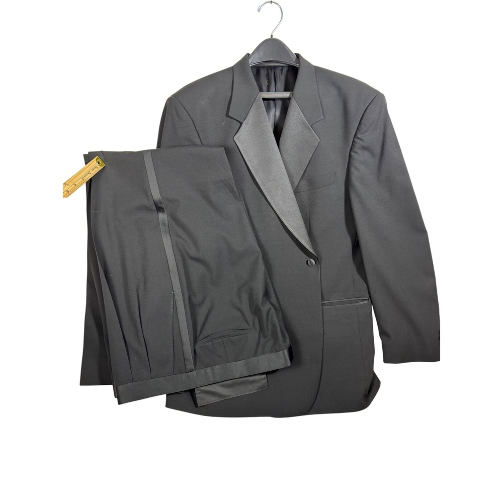 Tallia Uomo for Nordstrom Mens Black Worsted Wool Tuxedo Suit 44R 38W Peak Lapel